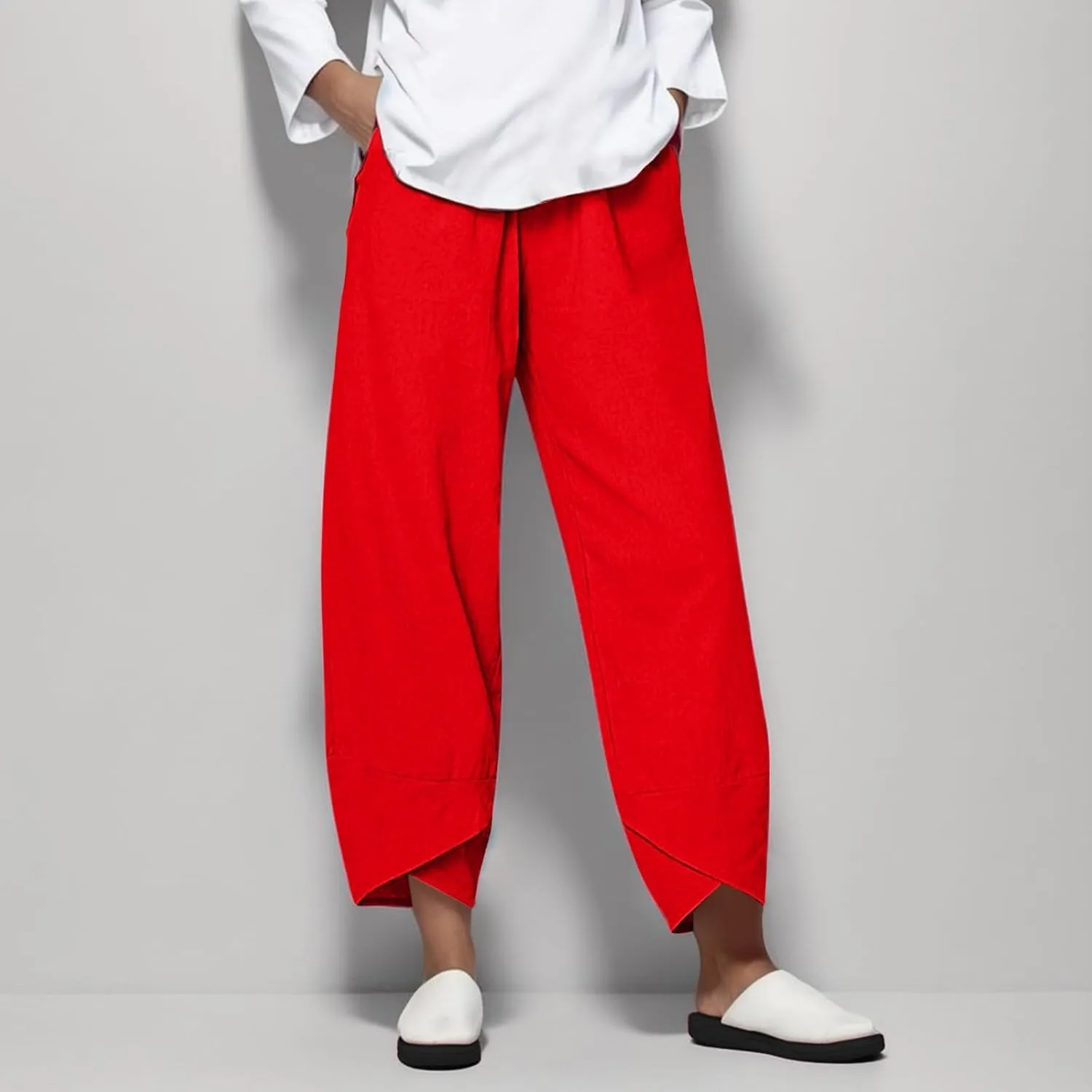 Womens Casual Cotton Linen Pants Trendy Elastic High Waist Crossover Leg Harem Trouser Workout Sport Lounge Sweatpant