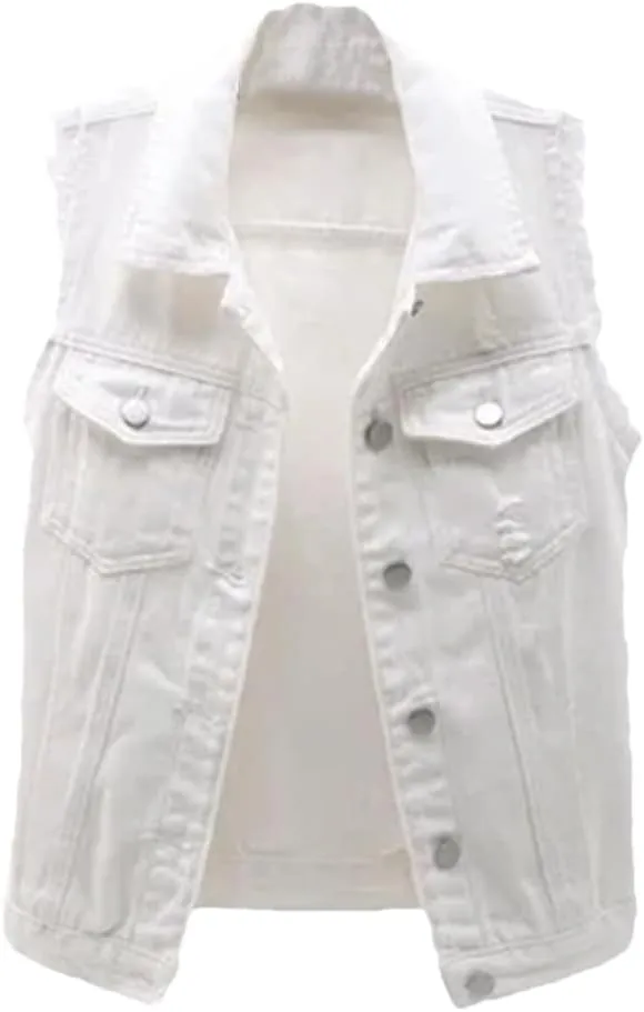 Womens Casual Jean Vest Open Front Button Down Sleeveless Denim Jacket With Pockets