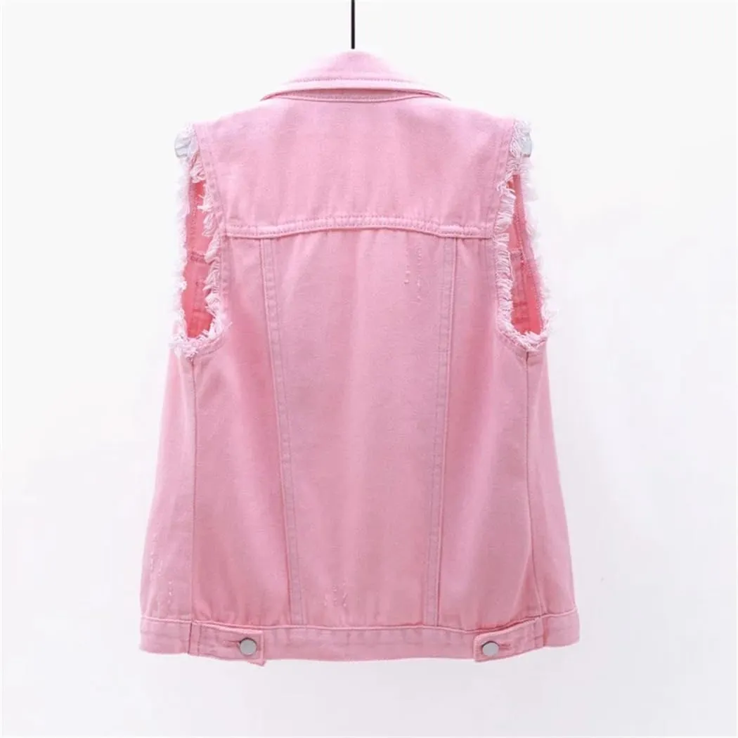 Womens Casual Jean Vest Open Front Button Down Sleeveless Denim Jacket With Pockets