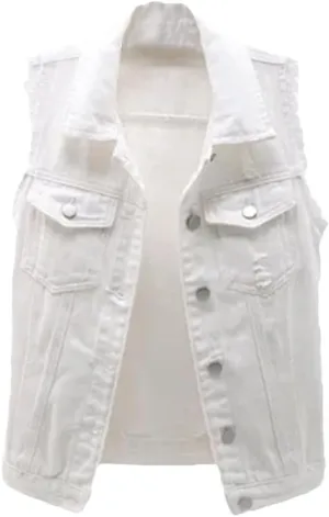 Womens Casual Jean Vest Open Front Button Down Sleeveless Denim Jacket With Pockets