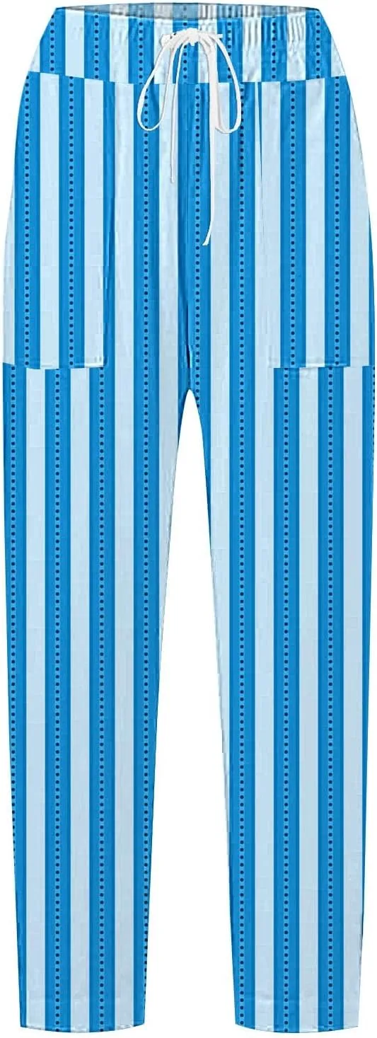 Women's Casual Stripe Pants Straight Leg Summer Beach Palazzo Trouser Loose Office Daily Wear Cotton Linen Streetwear