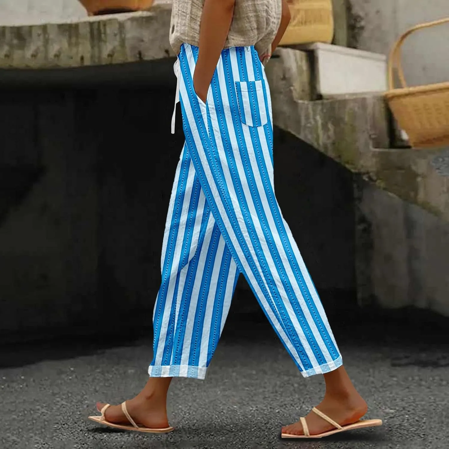 Women's Casual Stripe Pants Straight Leg Summer Beach Palazzo Trouser Loose Office Daily Wear Cotton Linen Streetwear