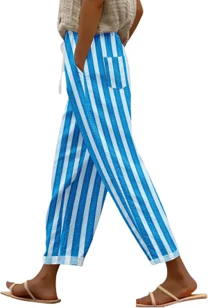 Women's Casual Stripe Pants Straight Leg Summer Beach Palazzo Trouser Loose Office Daily Wear Cotton Linen Streetwear