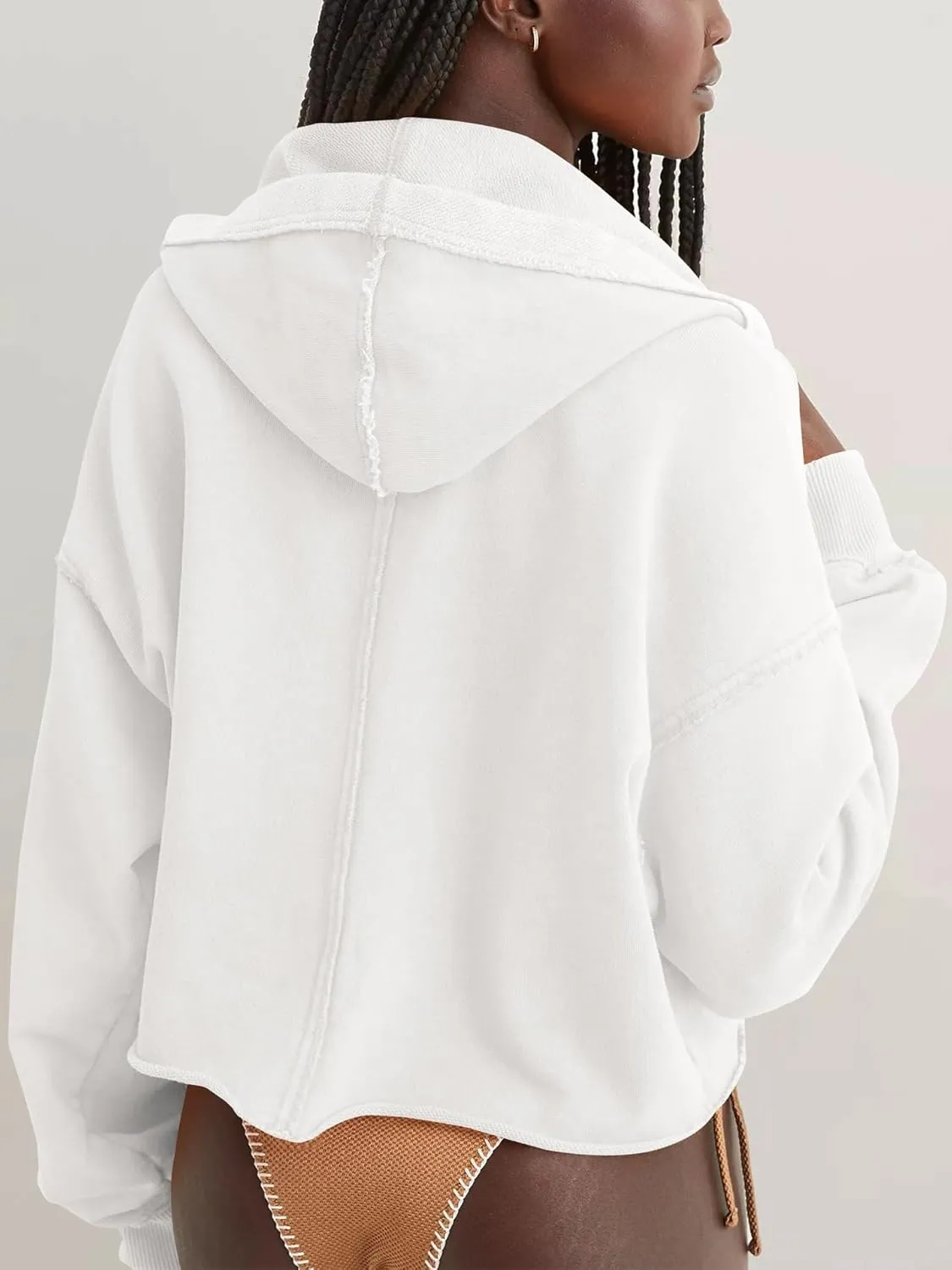 Womens Cropped Hoodies Long Sleeve V Neck Ripped Pullover Sweatshirts with Hooded Casual Crop Tops Trendy 2025