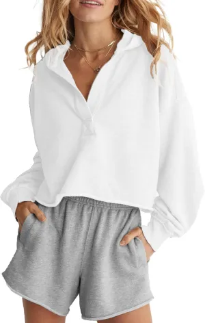 Womens Cropped Hoodies Long Sleeve V Neck Ripped Pullover Sweatshirts with Hooded Casual Crop Tops Trendy 2025