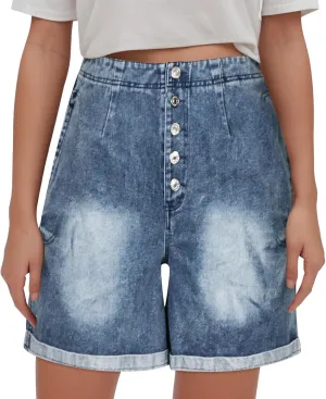 Women's Denim Shorts Summer Baggy High Waisted Flowy Wide Leg Buttons Pleated Casual Jean Short 2025 Fashion