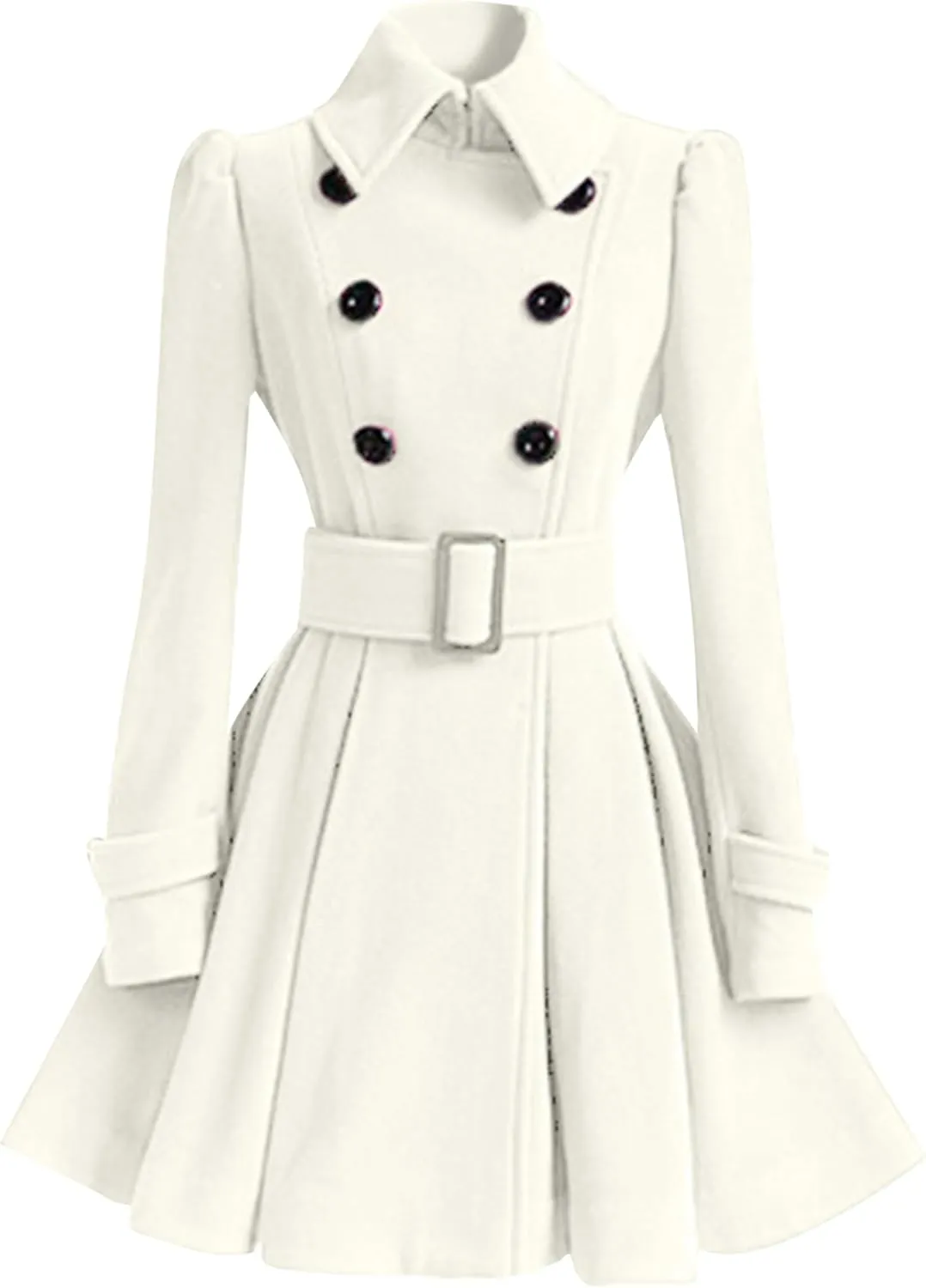 Womens Double Breasted Pleated Pea Coat Long Sleeve Lapel Jacket Midi Swing Outwear with Belt