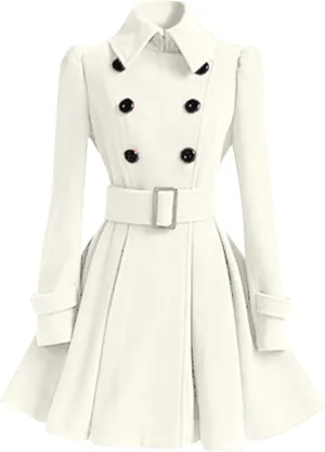Womens Double Breasted Pleated Pea Coat Long Sleeve Lapel Jacket Midi Swing Outwear with Belt