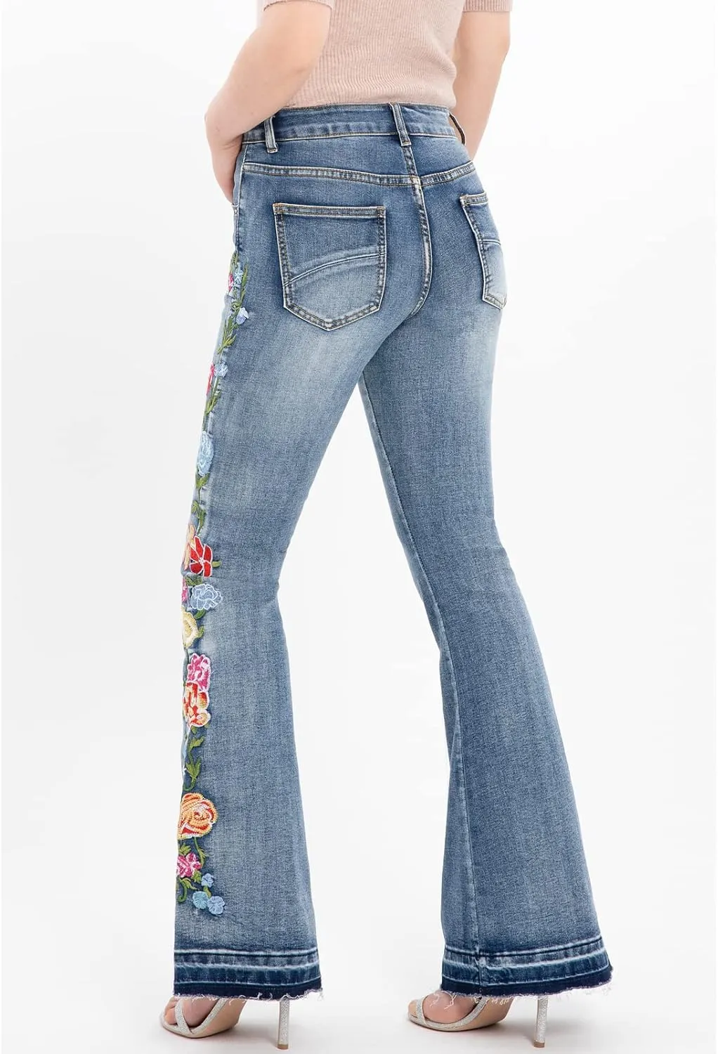 Women's Floral Embroidered Flare Bell Bottom Jeans,Vintage-Inspired Retro Denim Pants