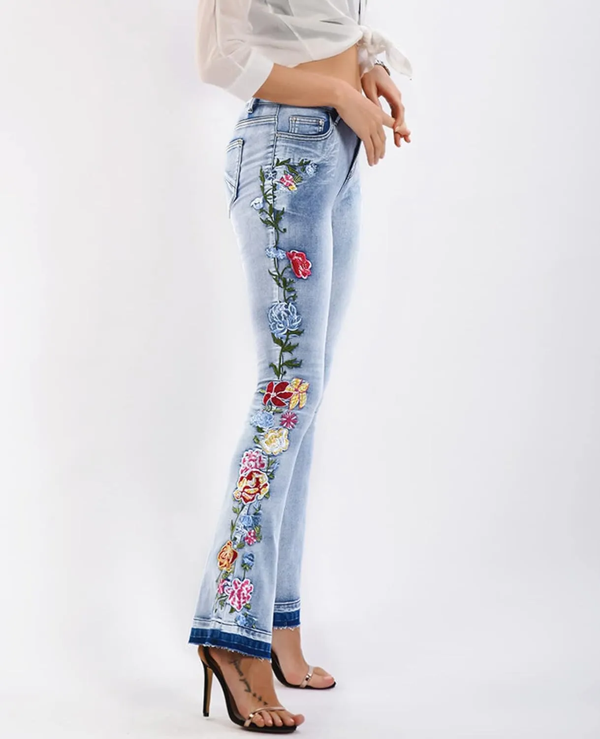 Women's Floral Embroidered Flare Bell Bottom Jeans,Vintage-Inspired Retro Denim Pants