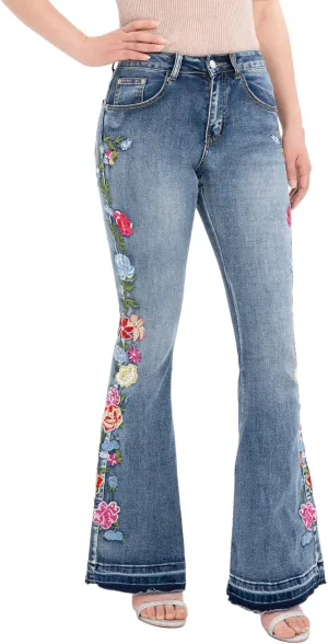 Women's Floral Embroidered Flare Bell Bottom Jeans,Vintage-Inspired Retro Denim Pants