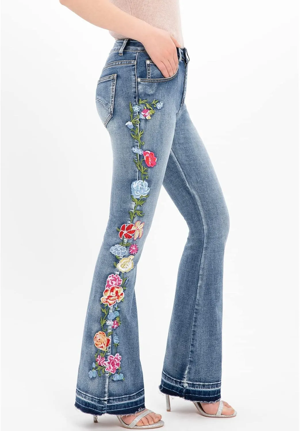 Women's Floral Embroidered Flare Bell Bottom Jeans,Vintage-Inspired Retro Denim Pants