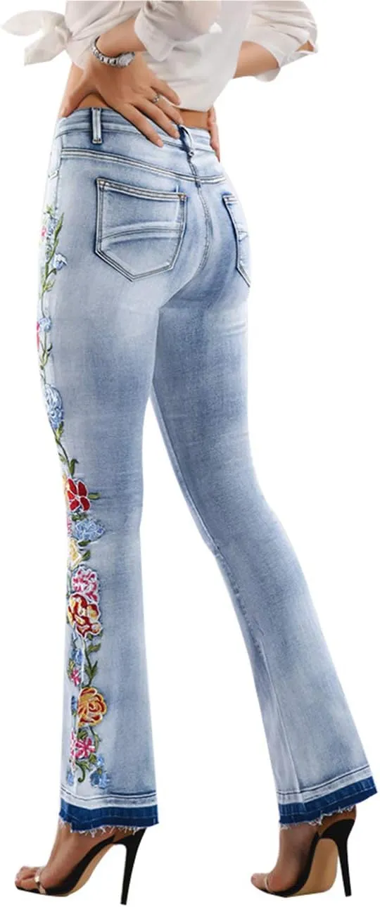 Women's Floral Embroidered Flare Bell Bottom Jeans,Vintage-Inspired Retro Denim Pants
