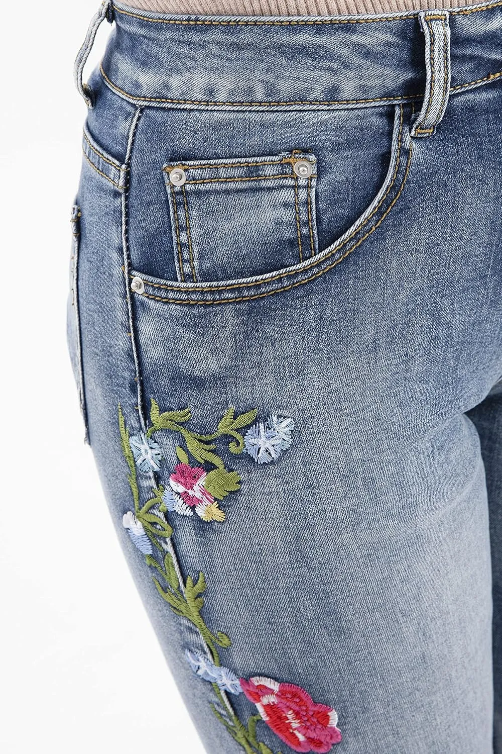 Women's Floral Embroidered Flare Bell Bottom Jeans,Vintage-Inspired Retro Denim Pants