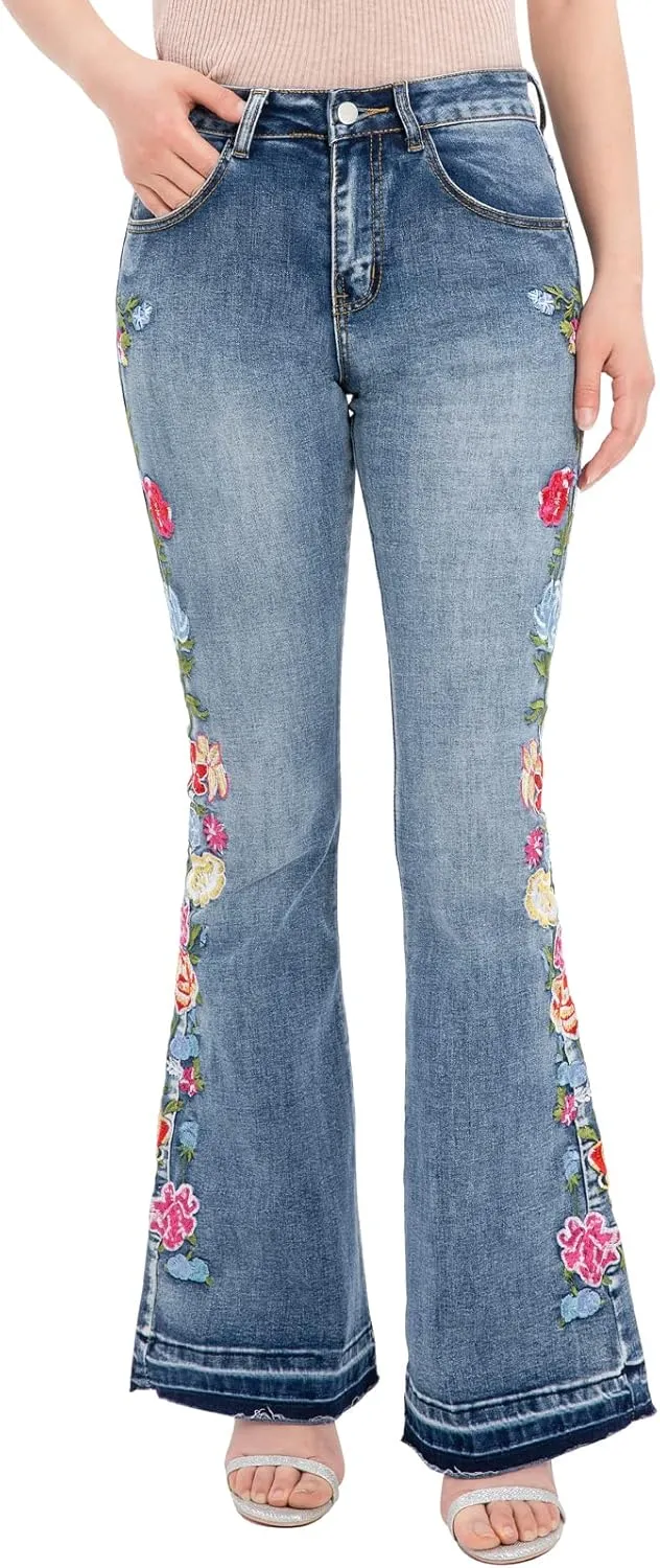 Women's Floral Embroidered Flare Bell Bottom Jeans,Vintage-Inspired Retro Denim Pants