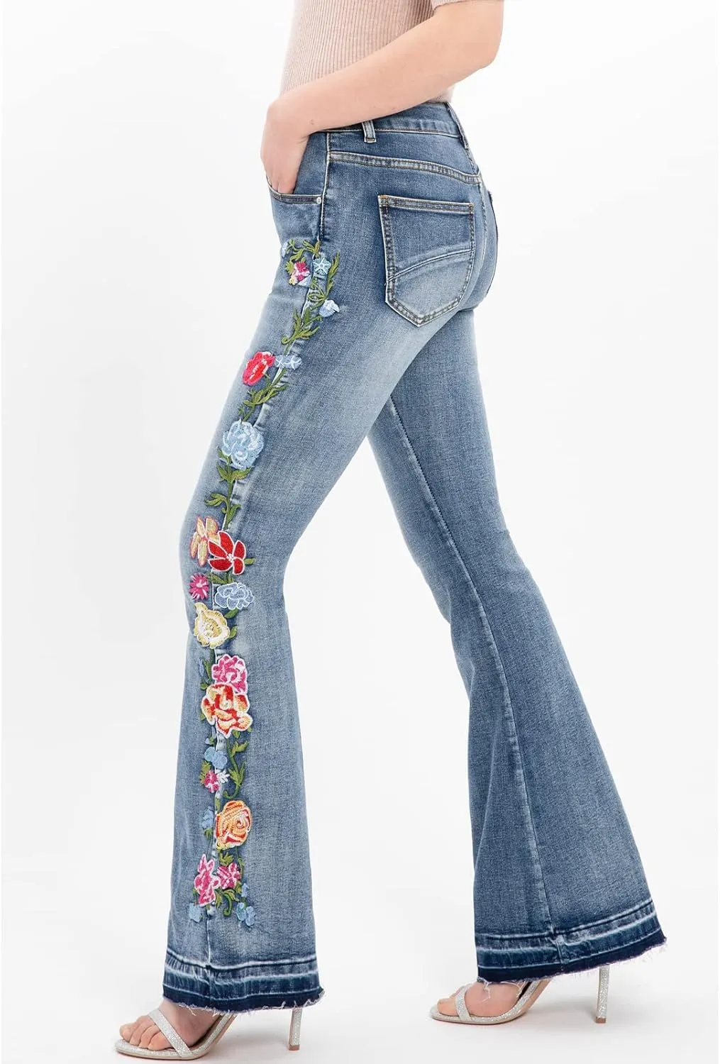 Women's Floral Embroidered Flare Bell Bottom Jeans,Vintage-Inspired Retro Denim Pants