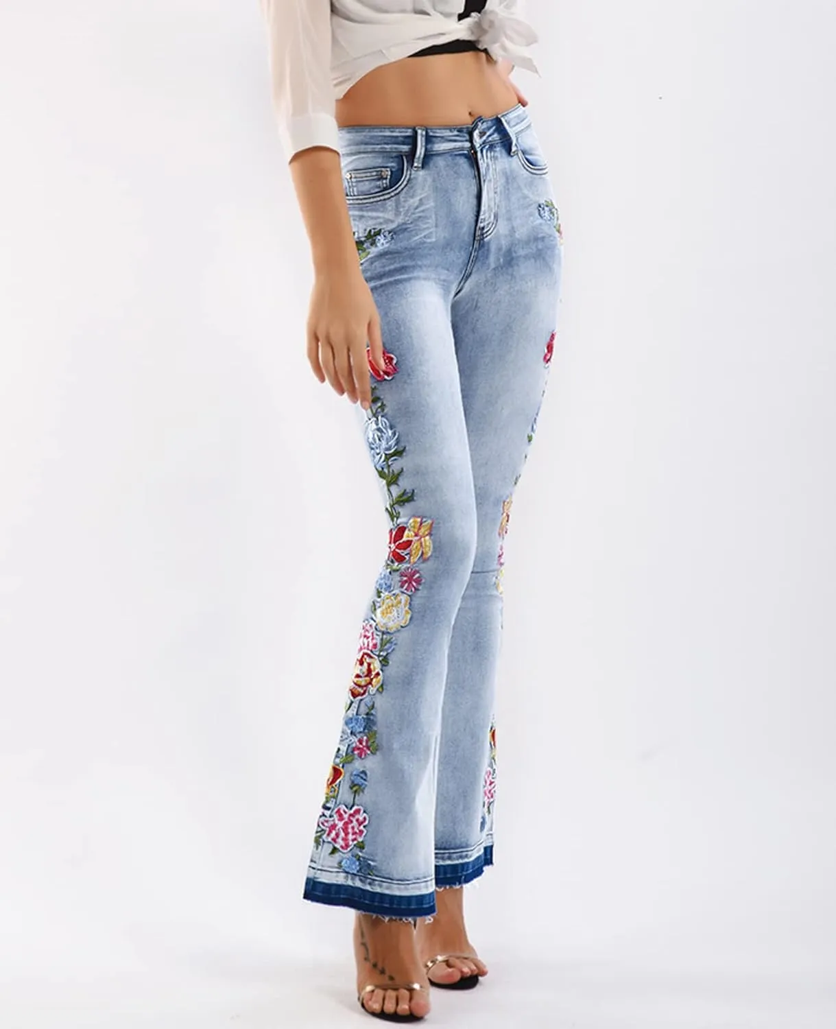 Women's Floral Embroidered Flare Bell Bottom Jeans,Vintage-Inspired Retro Denim Pants