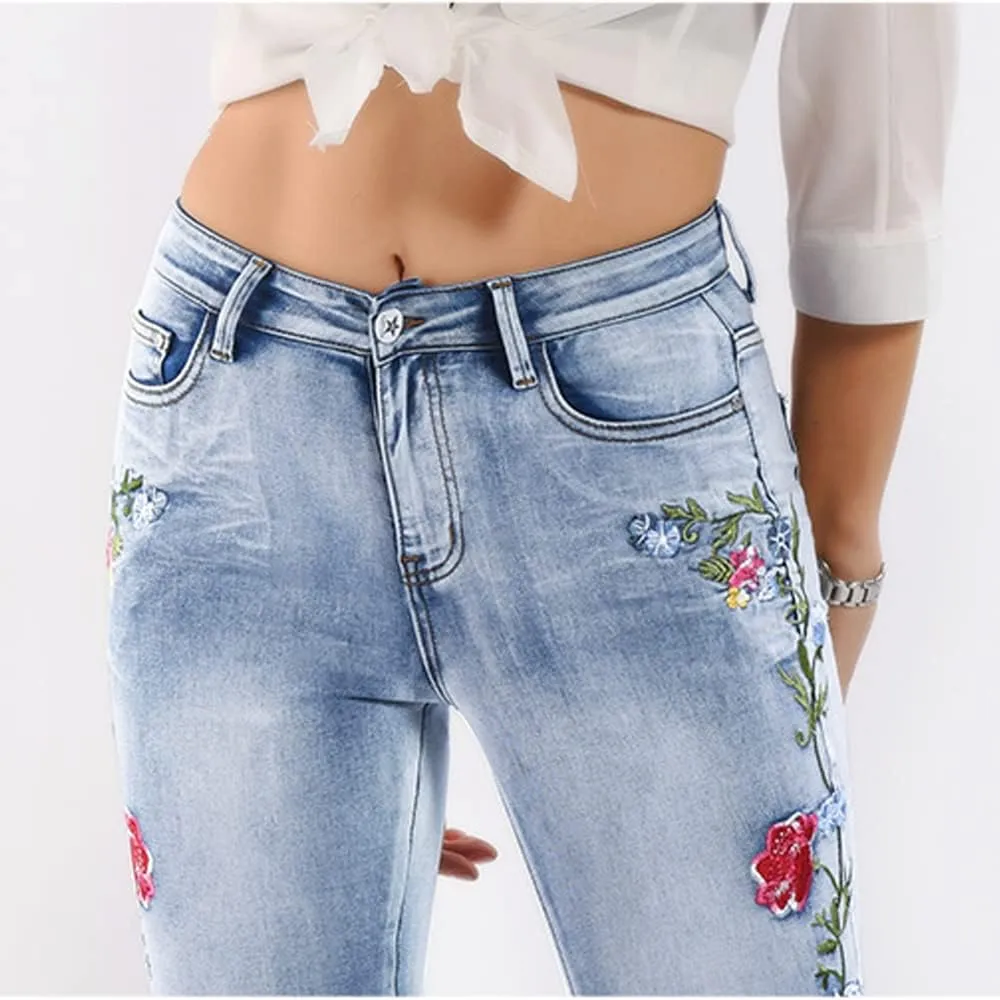 Women's Floral Embroidered Flare Bell Bottom Jeans,Vintage-Inspired Retro Denim Pants