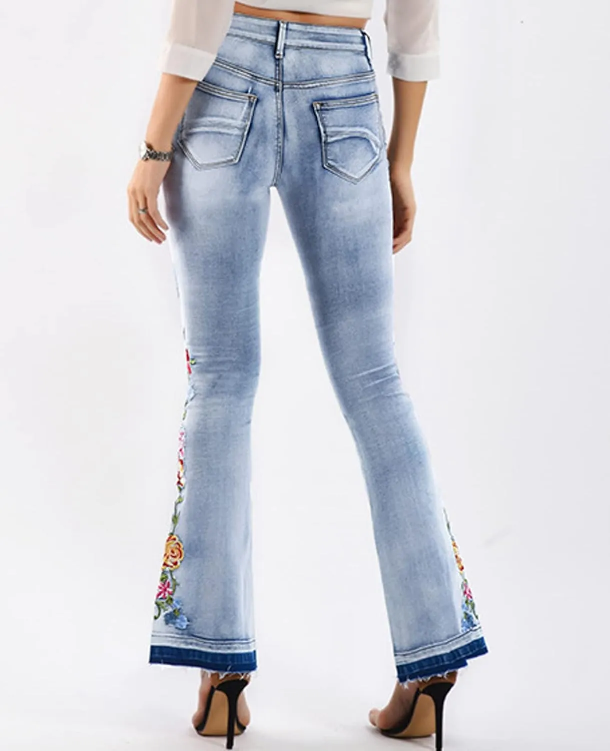 Women's Floral Embroidered Flare Bell Bottom Jeans,Vintage-Inspired Retro Denim Pants