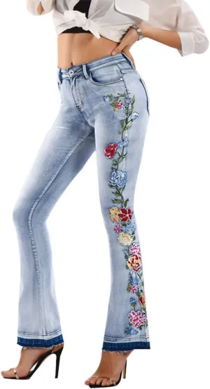 Women's Floral Embroidered Flare Bell Bottom Jeans,Vintage-Inspired Retro Denim Pants