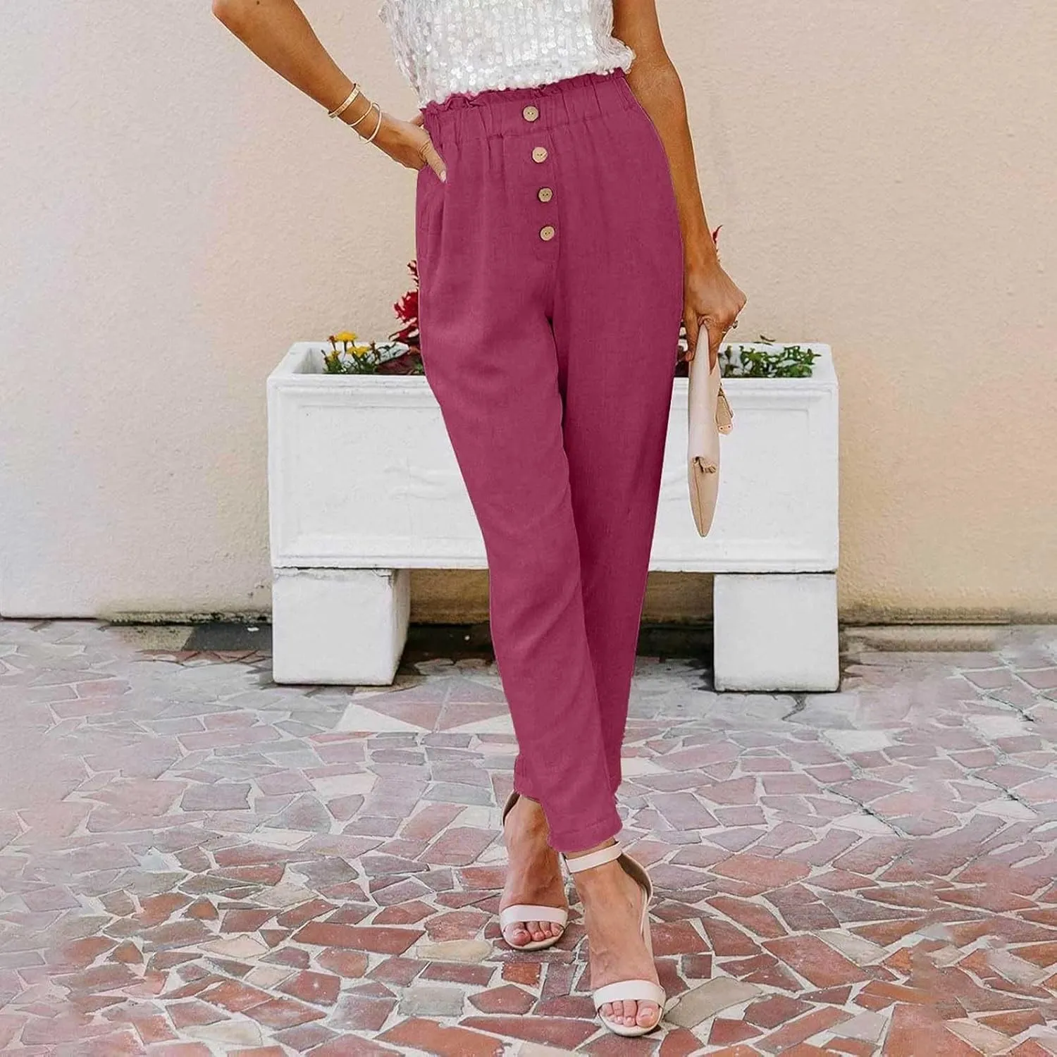 Womens High Waisted Button-Front Casual Pants Various Occasion Stylish Trousers Office Dress Ankle-Length Casual Pant