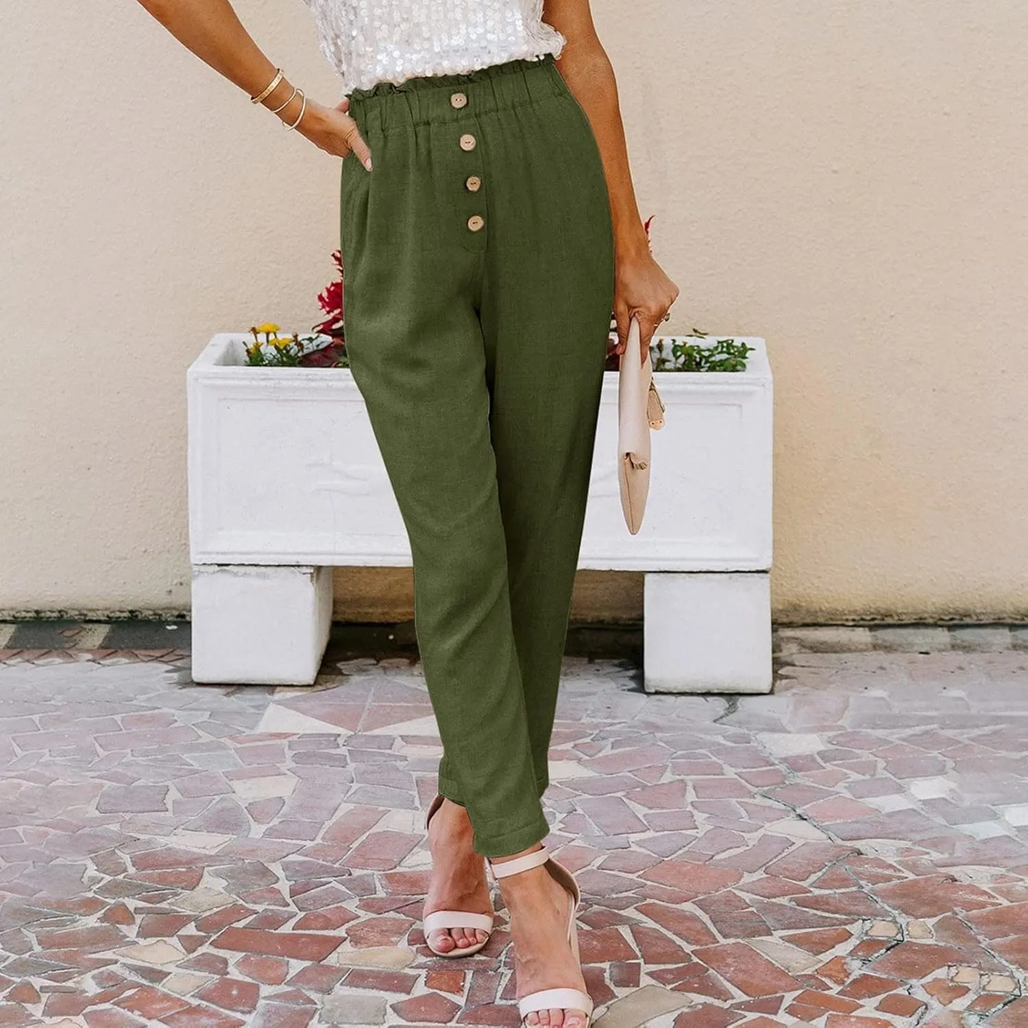 Womens High Waisted Button-Front Casual Pants Various Occasion Stylish Trousers Office Dress Ankle-Length Casual Pant