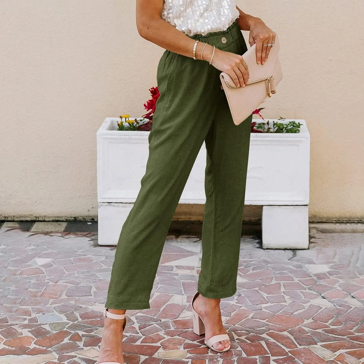 Womens High Waisted Button-Front Casual Pants Various Occasion Stylish Trousers Office Dress Ankle-Length Casual Pant