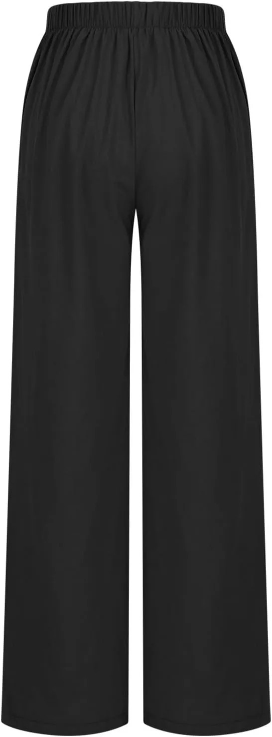 Womens High Waisted Button Front Pants Stylish Straight Wide-Leg Office Relax Linen Trousers Beach Flowy Casual Pants