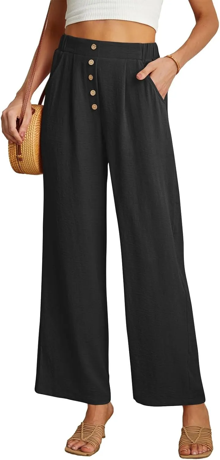 Womens High Waisted Button Front Pants Stylish Straight Wide-Leg Office Relax Linen Trousers Beach Flowy Casual Pants