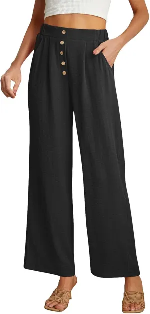 Womens High Waisted Button Front Pants Stylish Straight Wide-Leg Office Relax Linen Trousers Beach Flowy Casual Pants