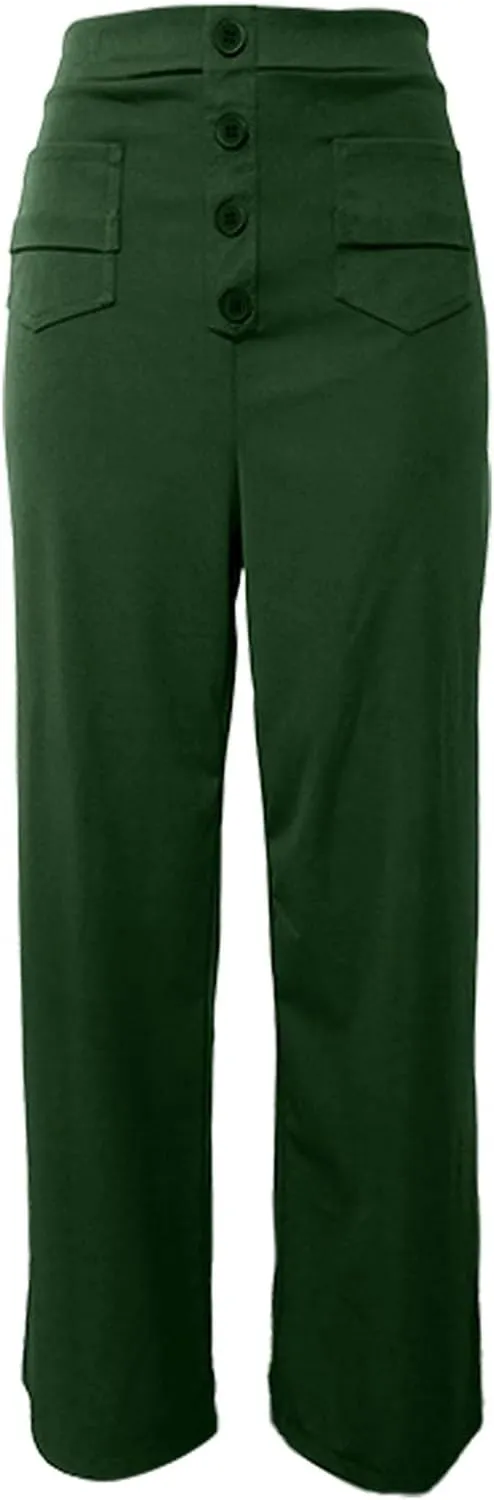 Womens High Waisted Button Pants Front Pocket Casual Loose Fit Outdoor Fashion Streetwear Straight Leg Causal Trouser