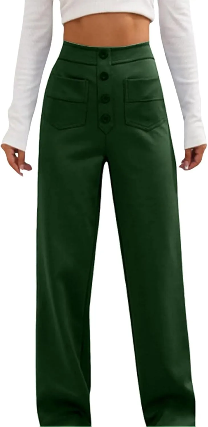 Womens High Waisted Button Pants Front Pocket Casual Loose Fit Outdoor Fashion Streetwear Straight Leg Causal Trouser