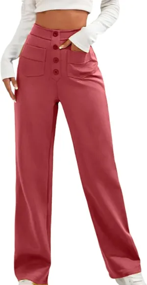Womens High Waisted Button Pants Front Pocket Casual Loose Fit Outdoor Fashion Streetwear Straight Leg Causal Trouser