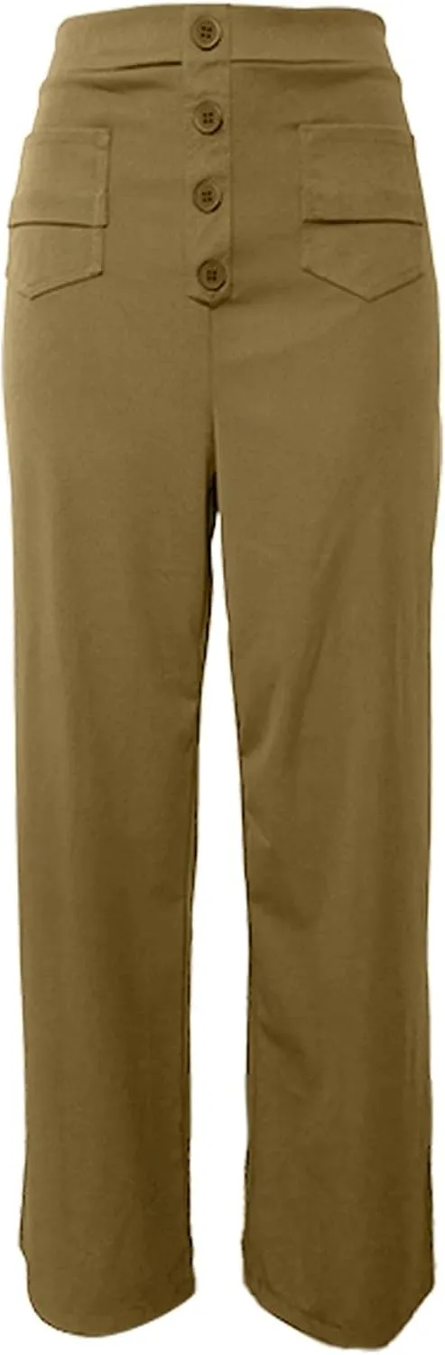 Womens High Waisted Button Pants Front Pocket Casual Loose Fit Outdoor Fashion Streetwear Straight Leg Causal Trouser