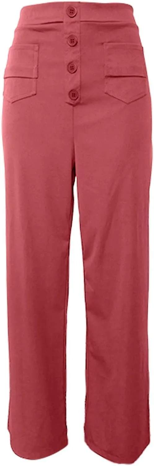 Womens High Waisted Button Pants Front Pocket Casual Loose Fit Outdoor Fashion Streetwear Straight Leg Causal Trouser