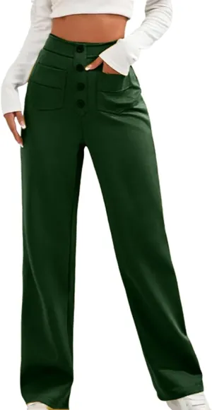 Womens High Waisted Button Pants Front Pocket Casual Loose Fit Outdoor Fashion Streetwear Straight Leg Causal Trouser