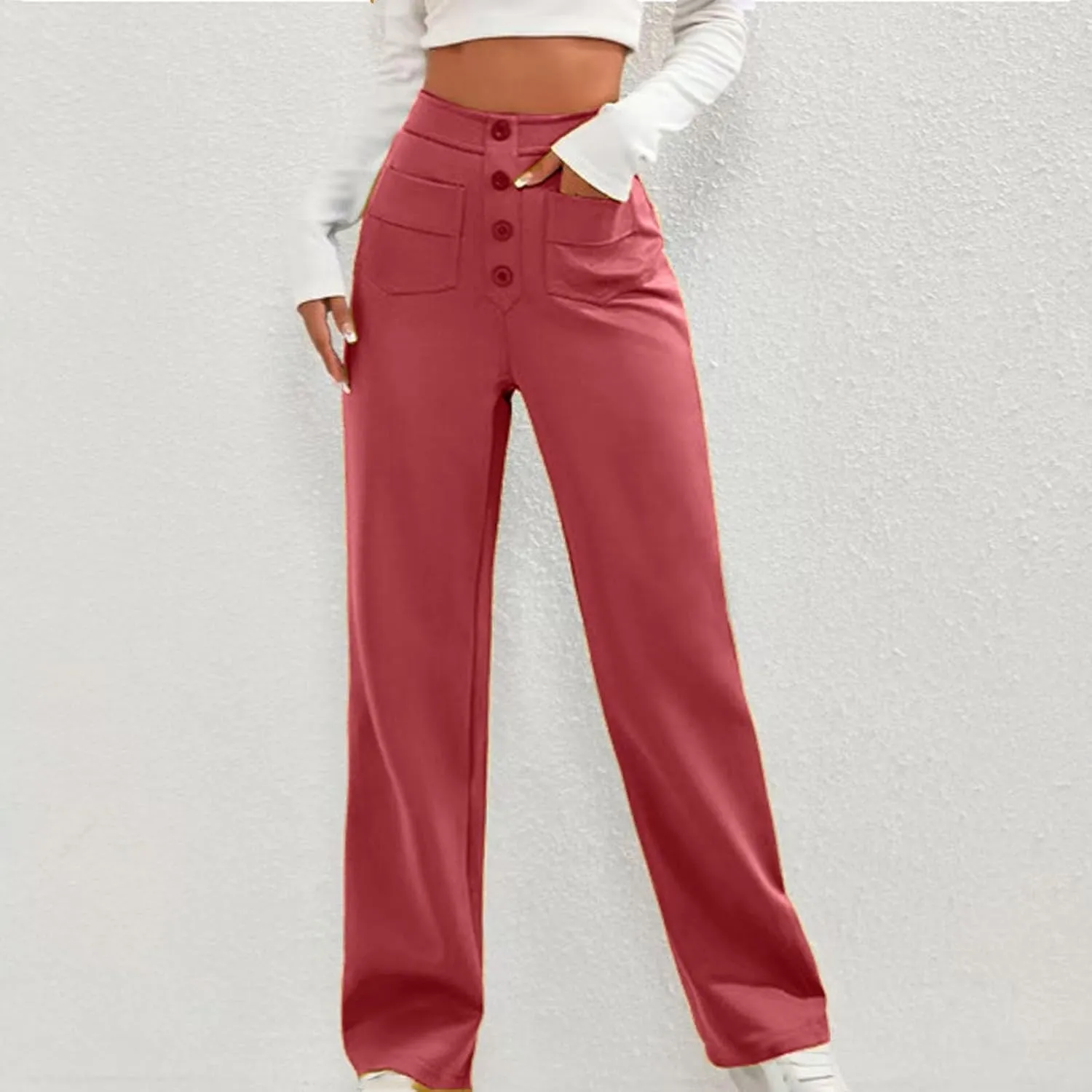 Womens High Waisted Button Pants Front Pocket Casual Loose Fit Outdoor Fashion Streetwear Straight Leg Causal Trouser