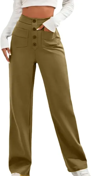 Womens High Waisted Button Pants Front Pocket Casual Loose Fit Outdoor Fashion Streetwear Straight Leg Causal Trouser