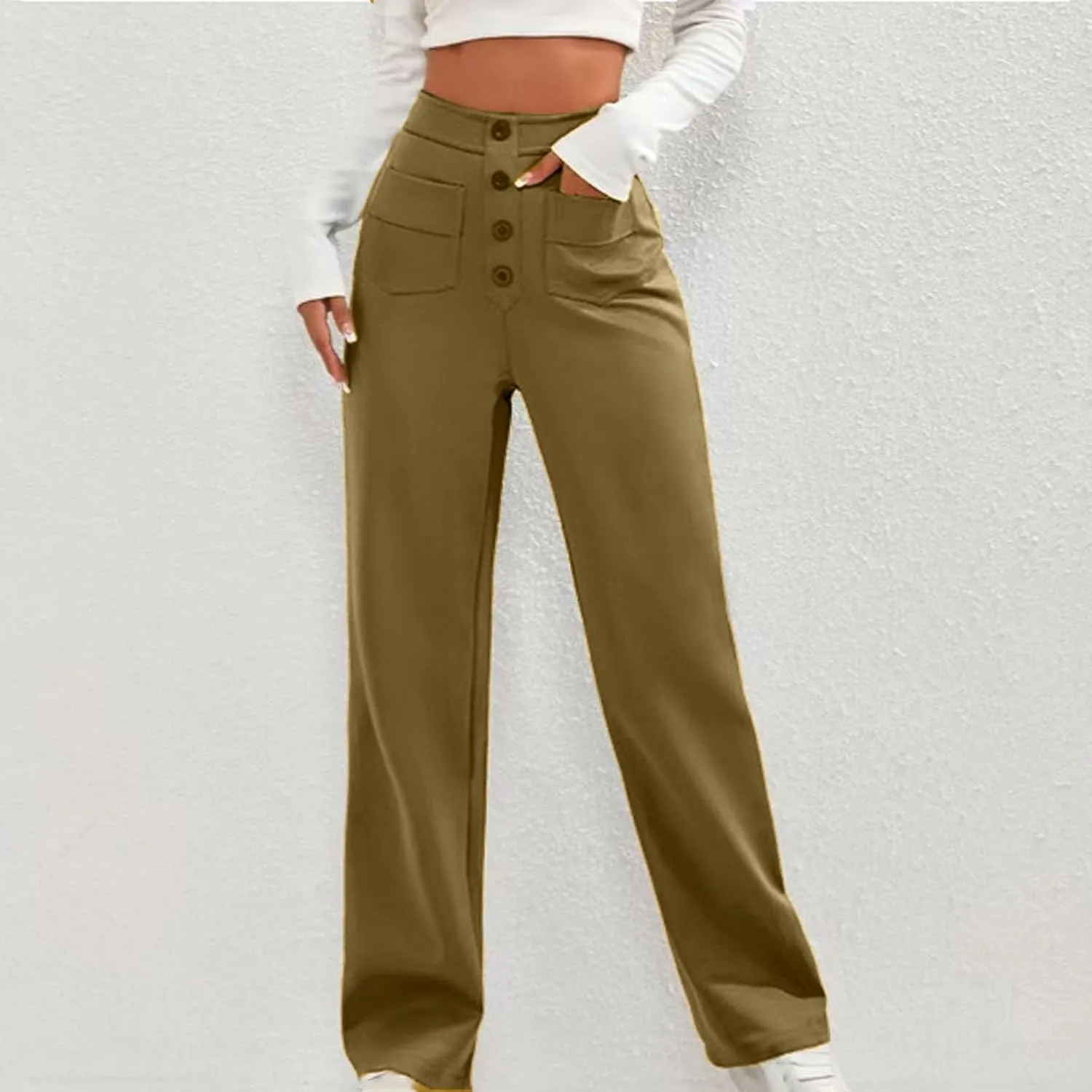 Womens High Waisted Button Pants Front Pocket Casual Loose Fit Outdoor Fashion Streetwear Straight Leg Causal Trouser