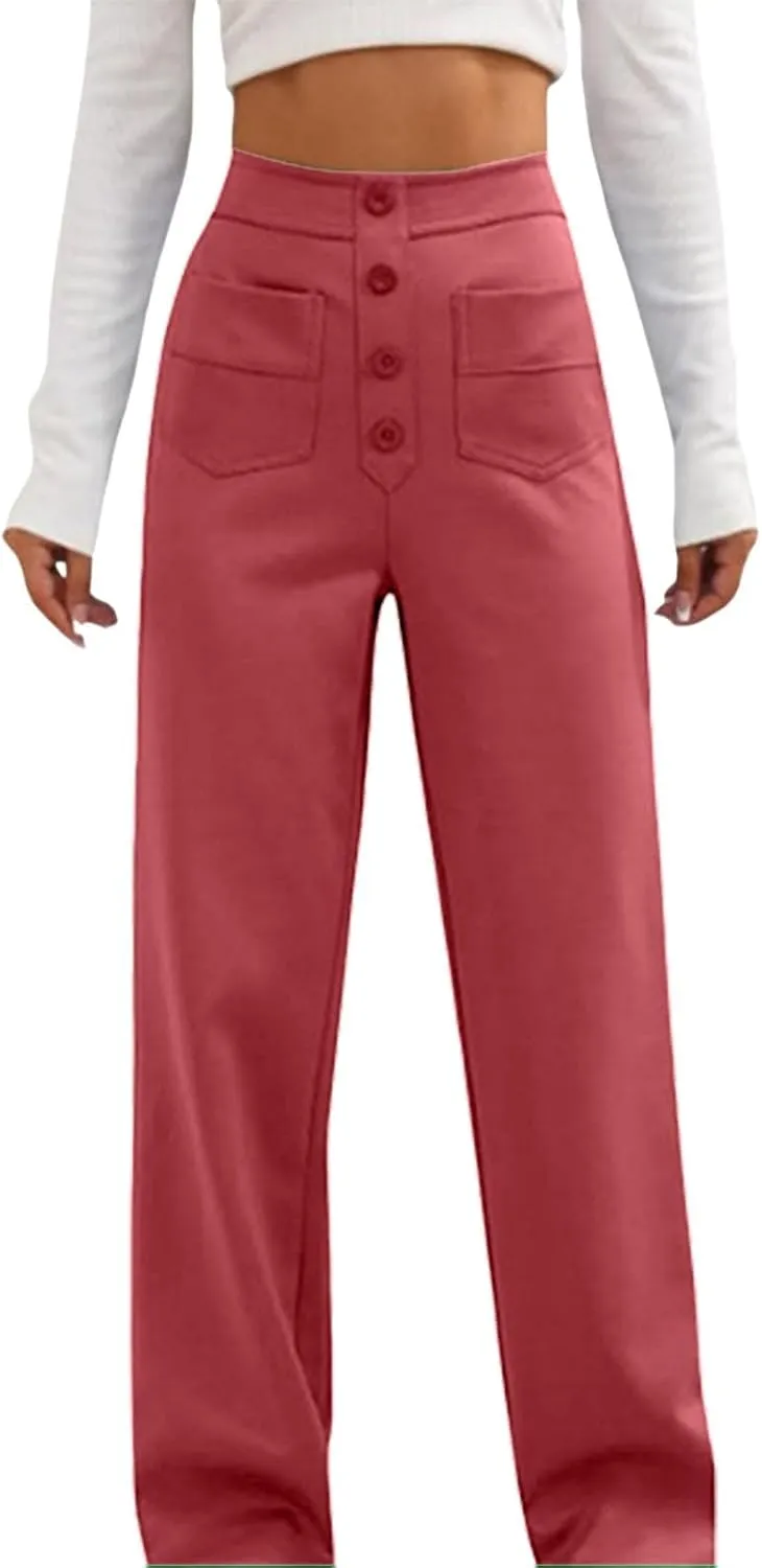 Womens High Waisted Button Pants Front Pocket Casual Loose Fit Outdoor Fashion Streetwear Straight Leg Causal Trouser