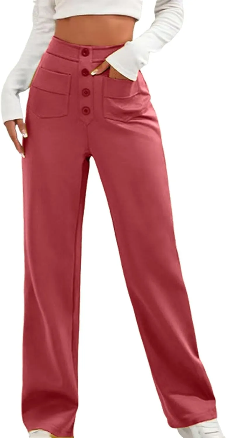 Womens High Waisted Button Pants Front Pocket Casual Loose Fit Outdoor Fashion Streetwear Straight Leg Causal Trouser