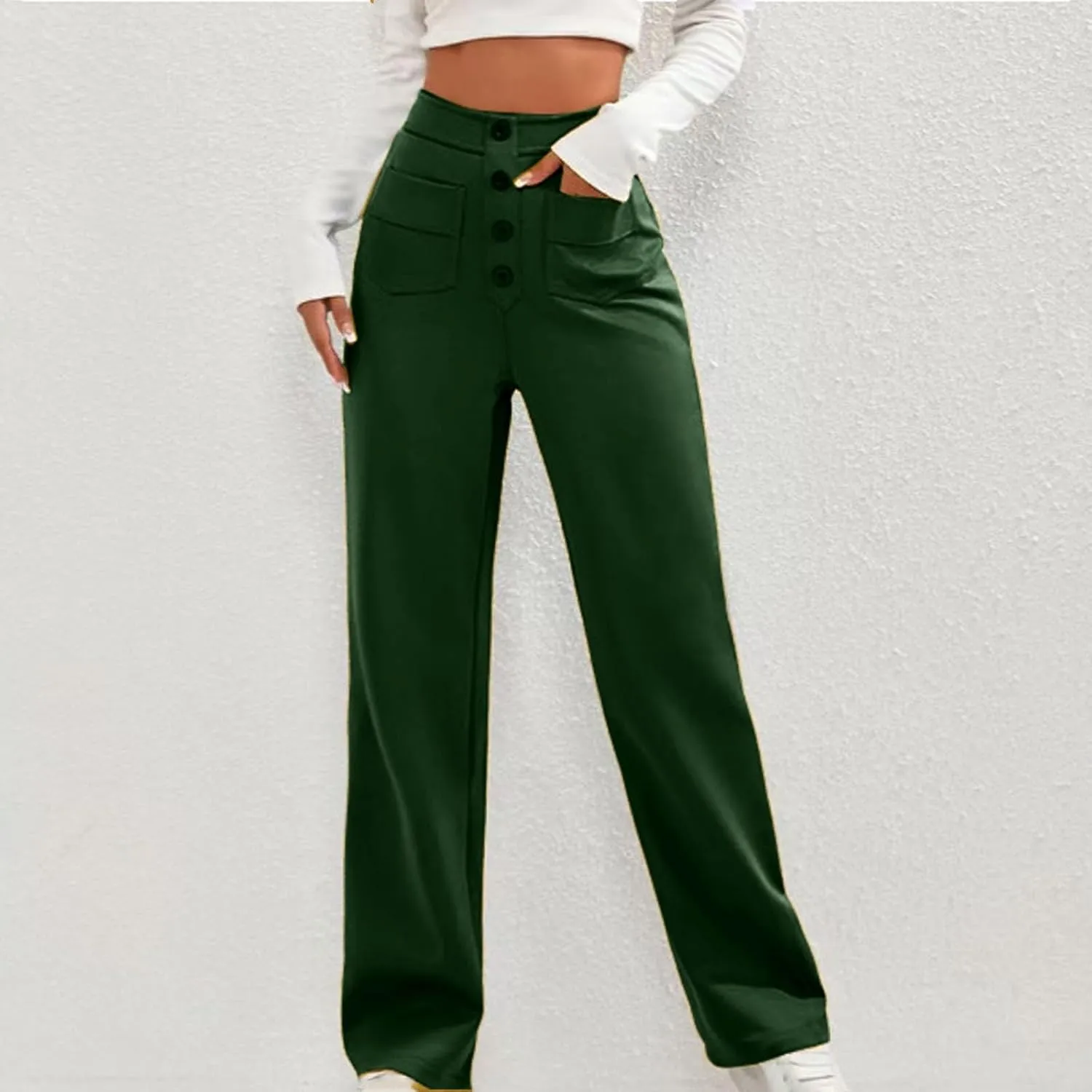 Womens High Waisted Button Pants Front Pocket Casual Loose Fit Outdoor Fashion Streetwear Straight Leg Causal Trouser