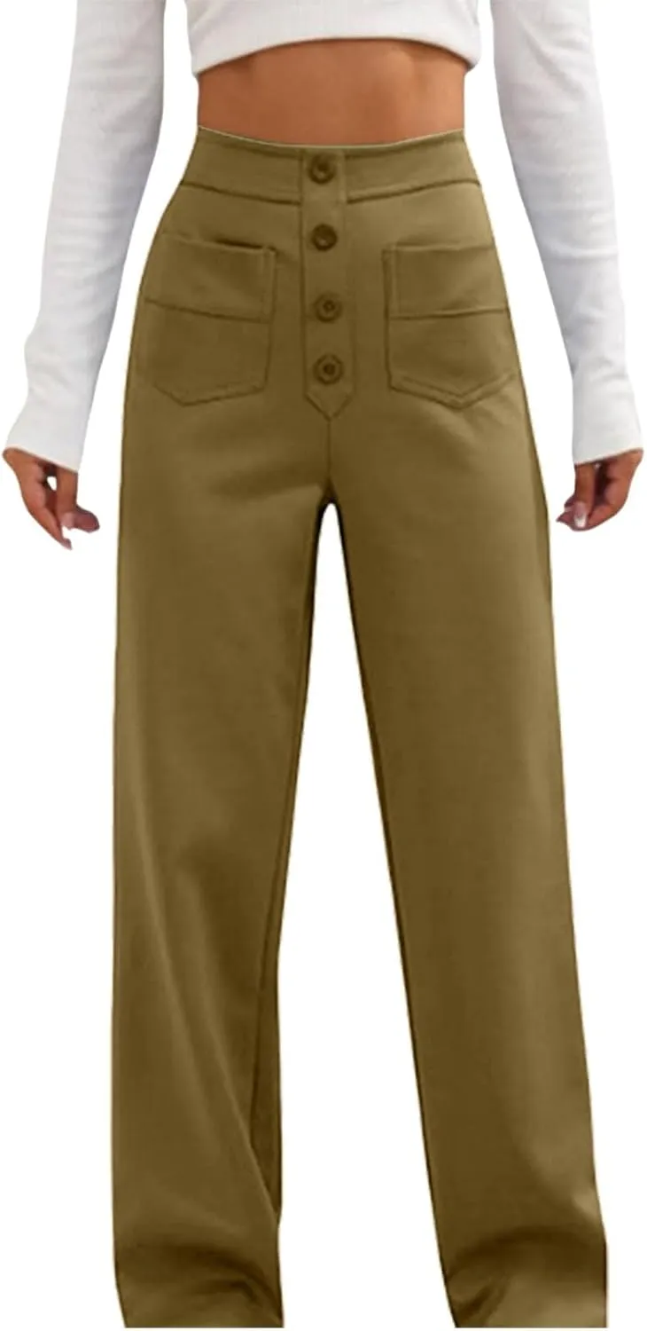 Womens High Waisted Button Pants Front Pocket Casual Loose Fit Outdoor Fashion Streetwear Straight Leg Causal Trouser