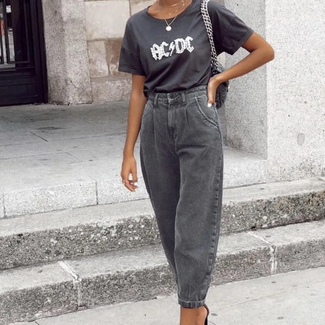 Women's High Waisted Jeans Baggy Metallic Glitter Straight Leg Ripped Denim Pants