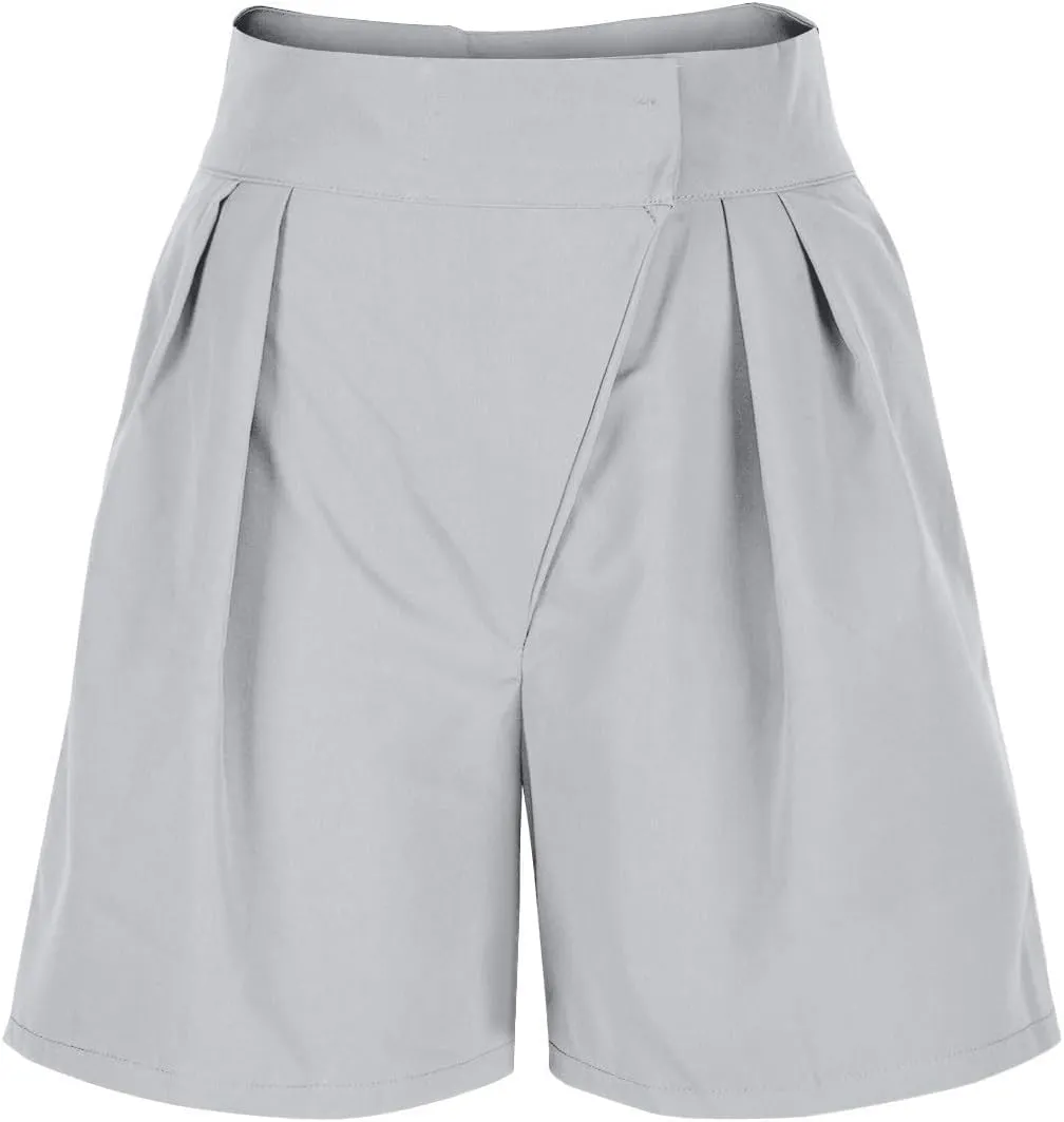 Womens High-Waisted Pleated Shorts Stylish Casual Plus Size Loose Wide Leg Short Trendy Lounge Wide-Leg Bermuda Pants