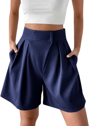 Womens High-Waisted Pleated Shorts Stylish Casual Plus Size Loose Wide Leg Short Trendy Lounge Wide-Leg Bermuda Pants