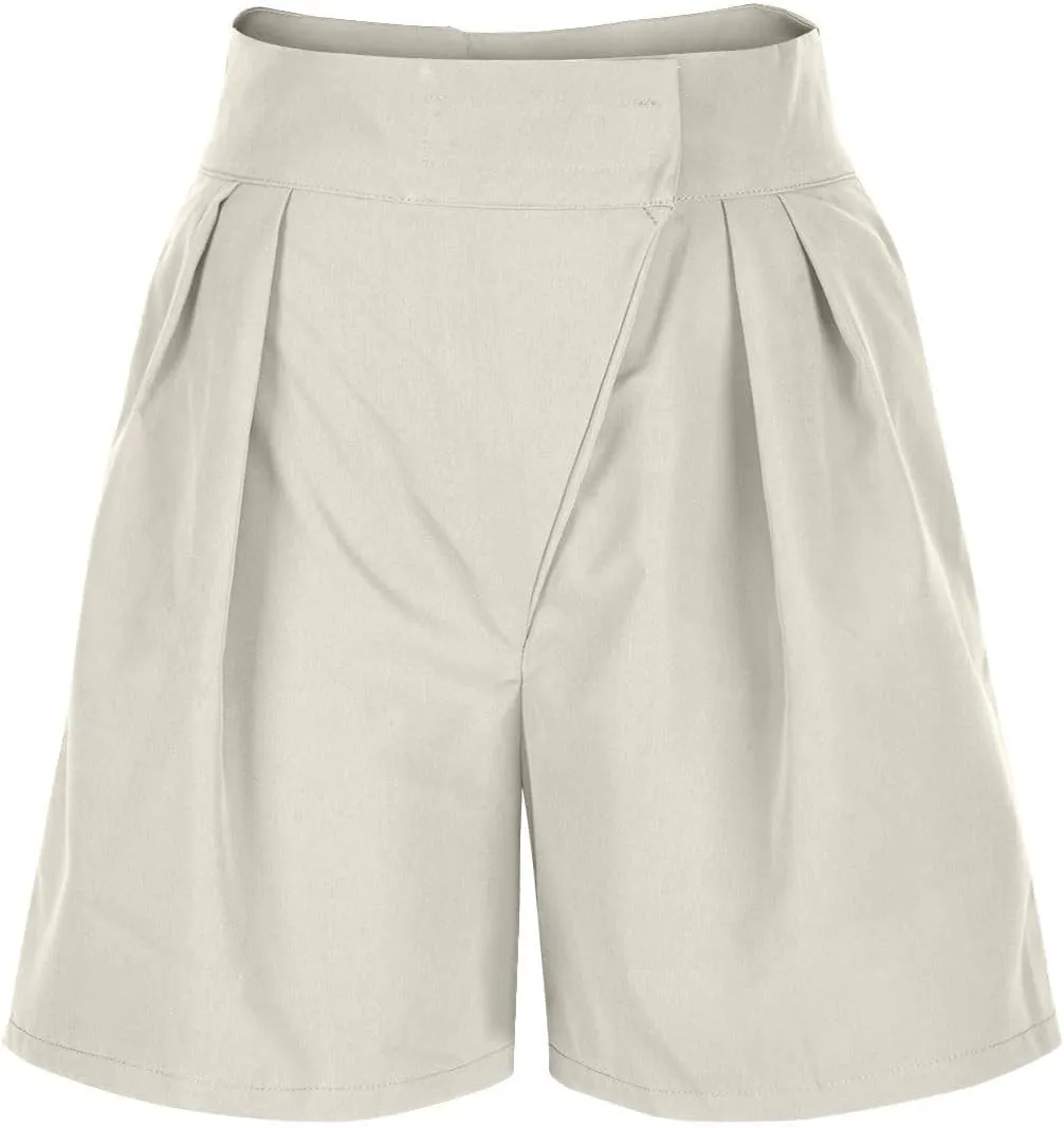 Womens High-Waisted Pleated Shorts Stylish Casual Plus Size Loose Wide Leg Short Trendy Lounge Wide-Leg Bermuda Pants