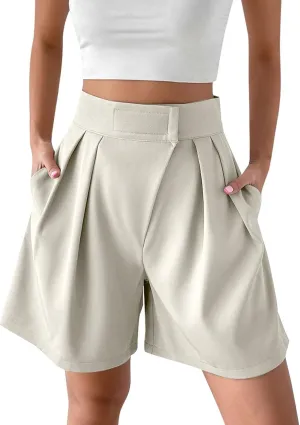 Womens High-Waisted Pleated Shorts Stylish Casual Plus Size Loose Wide Leg Short Trendy Lounge Wide-Leg Bermuda Pants