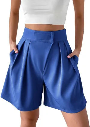 Womens High-Waisted Pleated Shorts Stylish Casual Plus Size Loose Wide Leg Short Trendy Lounge Wide-Leg Bermuda Pants