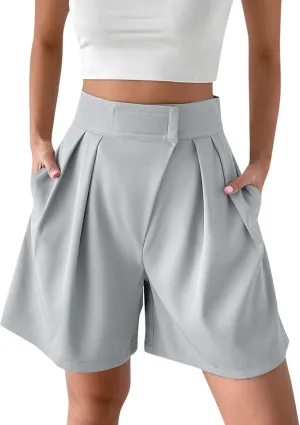 Womens High-Waisted Pleated Shorts Stylish Casual Plus Size Loose Wide Leg Short Trendy Lounge Wide-Leg Bermuda Pants